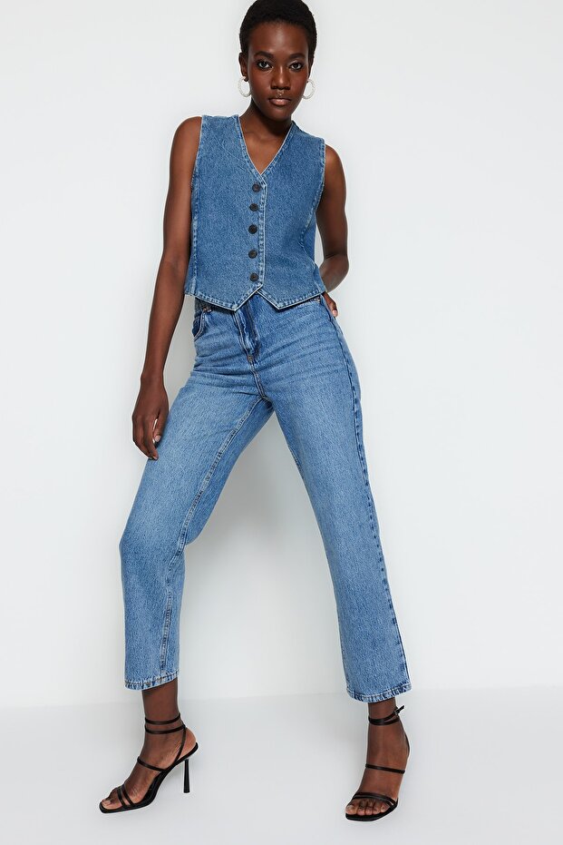 Mavi Yüksek Bel Düz Kesim Straight %100 Pamuk Non-Stretch Jeans TWOSS23JE00089 - 3