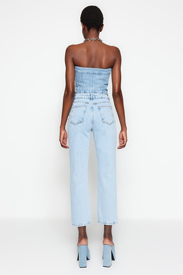 Açık Mavi Yüksek Bel Düz Kesim Straight %100 Pamuk Non-Stretch Jeans TWOSS23JE00089 - 12