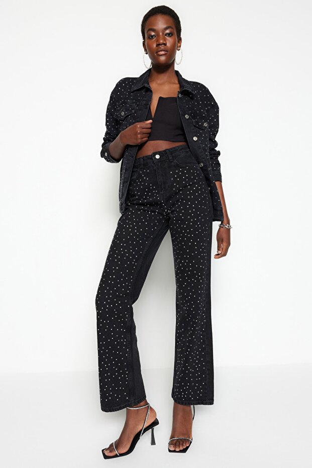 Siyah Taşlı Yüksek Bel Wide Leg Geniş Paça %100 Pamuk Non-Stretch Jeans TWOAW23JE00442 - 3