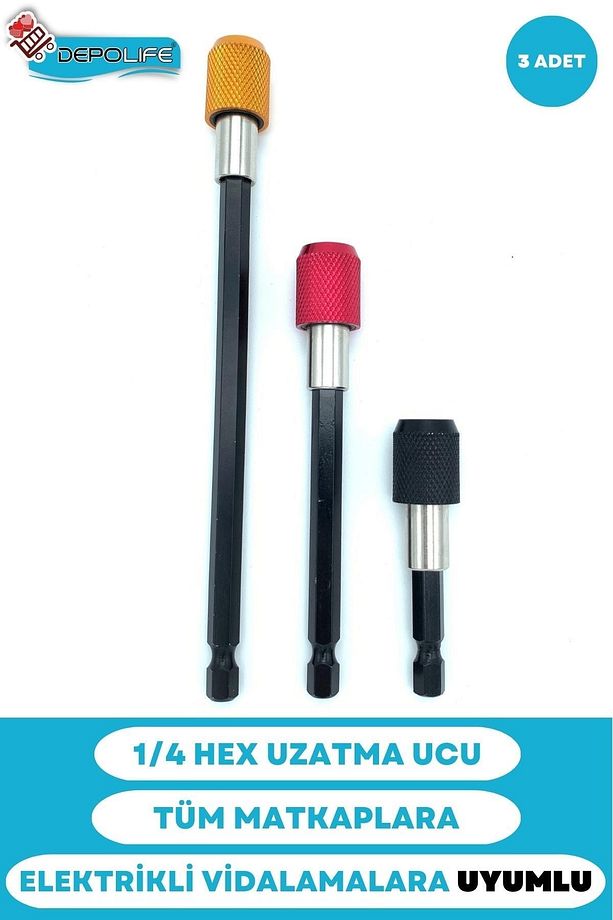 1/4 Bits Hex Altıgen Uçlu Uzatma Adaptörü Mıknatıslı Vidalama 3lü Set 6 10 15 Cm - 1