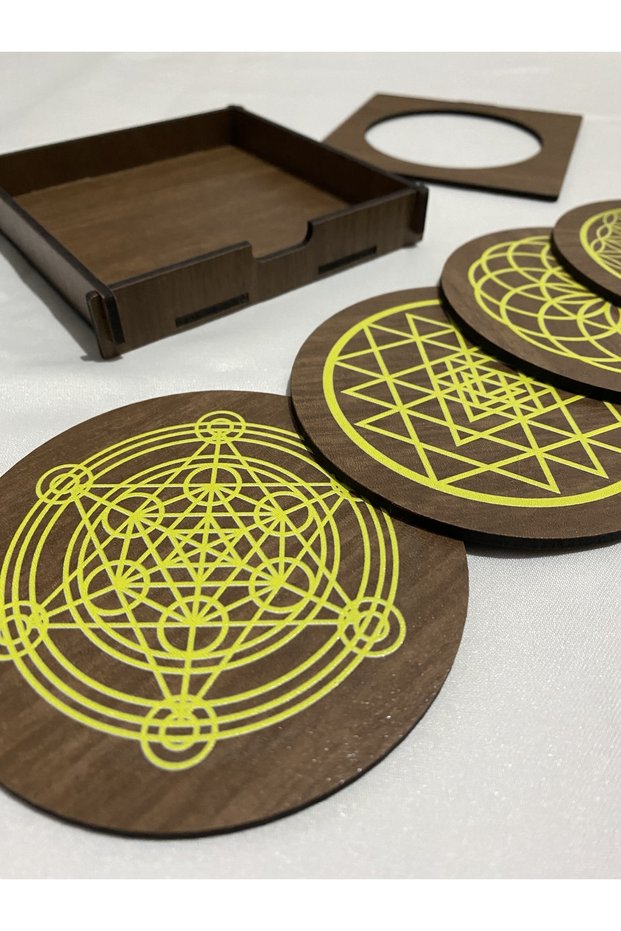 Sacred Geometry (Flower of Life - Sri Yantra - Torus - Metatron) Set of 4 Wooden Coasters