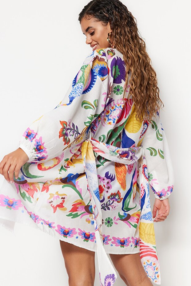 Çiçek Desenli Dokuma %100 Pamuk Plaj Mini Kuşaklı Kimono&Kaftan TBESS22KM0022 - 3