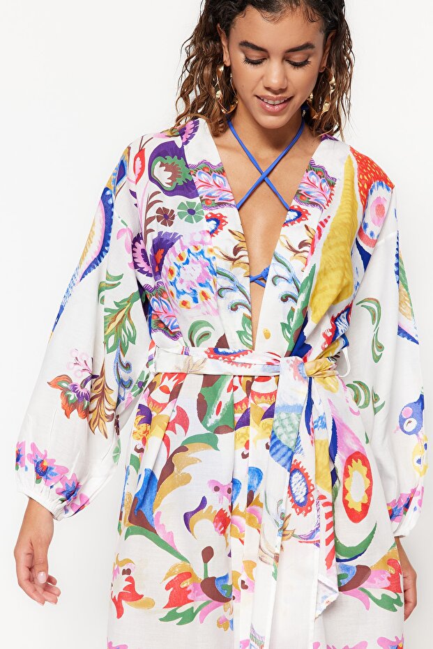 Çiçek Desenli Dokuma %100 Pamuk Plaj Mini Kuşaklı Kimono&Kaftan TBESS22KM0022 - 4