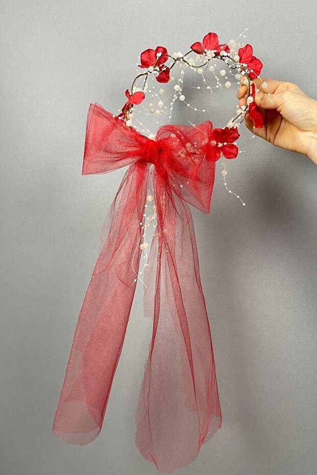 Bridesmaid Crown Red Long Bow Hydrangea Flower Special Design Bridal Henna Outer Shooting Crown – Headband