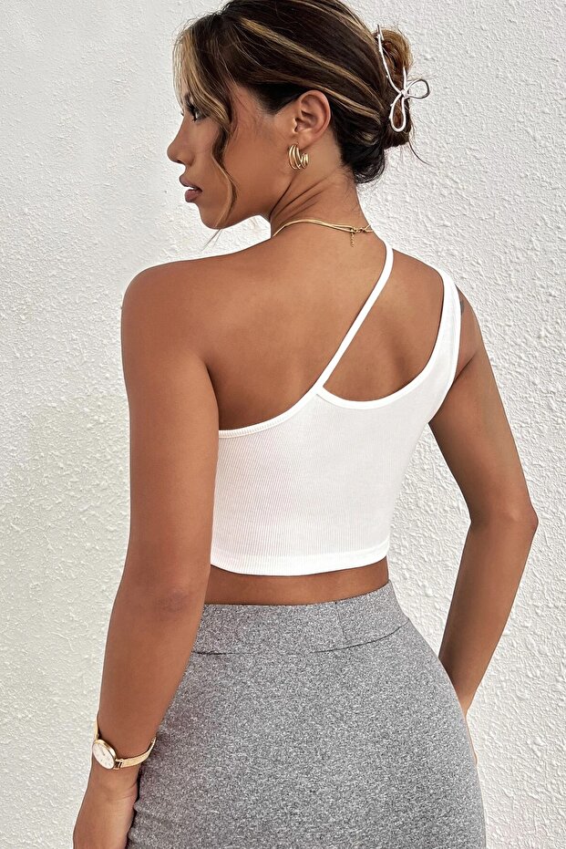 Kadın Beyaz Tek Omuzlu Çapraz Askılı Crop Top Büstiyer - 2