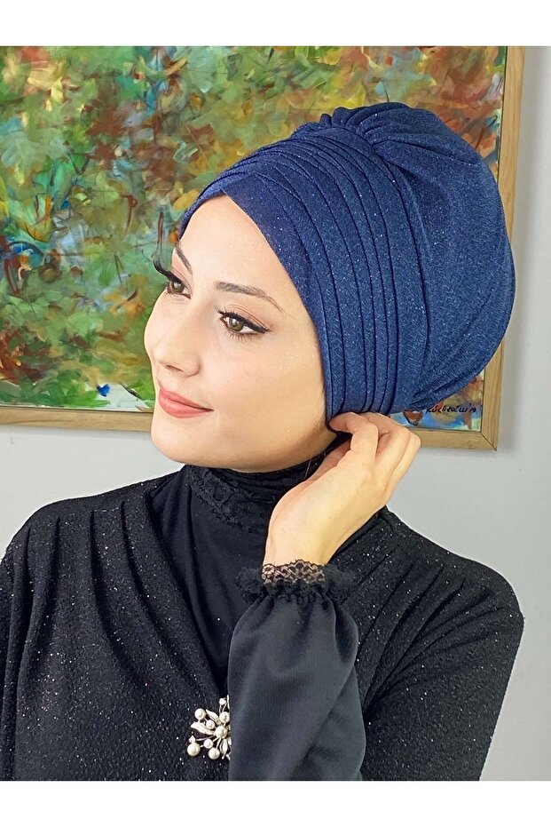 Topkapı Simli Lacivert Çapraz Drapeli Dış Bone - 5