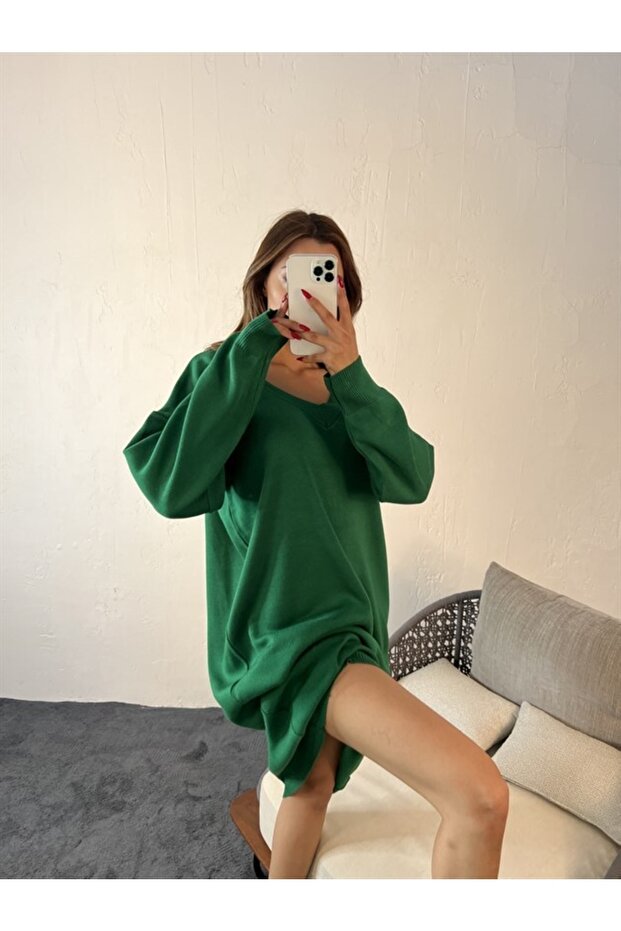 Triko V Yaka Elbise Yeşil - 4