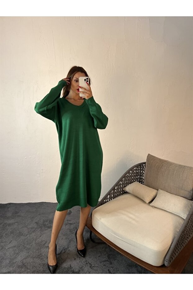 Triko V Yaka Elbise Yeşil - 5
