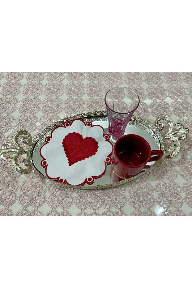 6-Piece Heart Patterned Valentine's Special Red Embroidery Linen Coffee Side Presentation Napkin