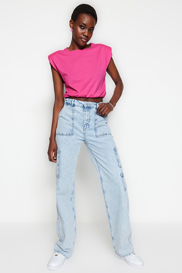 Fuşya %100 Pamuk Vatkalı Crop Bisiklet Yaka Örme T-Shirt TWOSS21TS0379 - 2