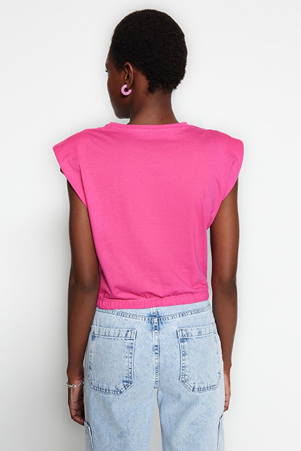 Fuşya %100 Pamuk Vatkalı Crop Bisiklet Yaka Örme T-Shirt TWOSS21TS0379 - 6