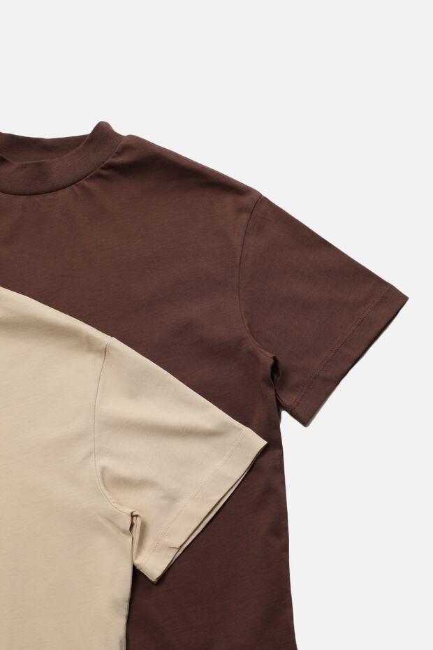 Kahverengi-Bej 2'li Paket %100 Pamuk Basic Dik Yaka Örme T-Shirt TWOSS20TS1500 - 14
