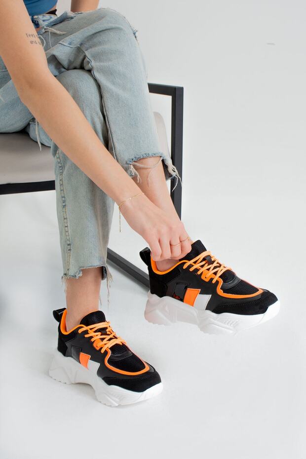 WOMEN'S BLACK & ORANGE SNEAKER SPORTS SHOES Y1105