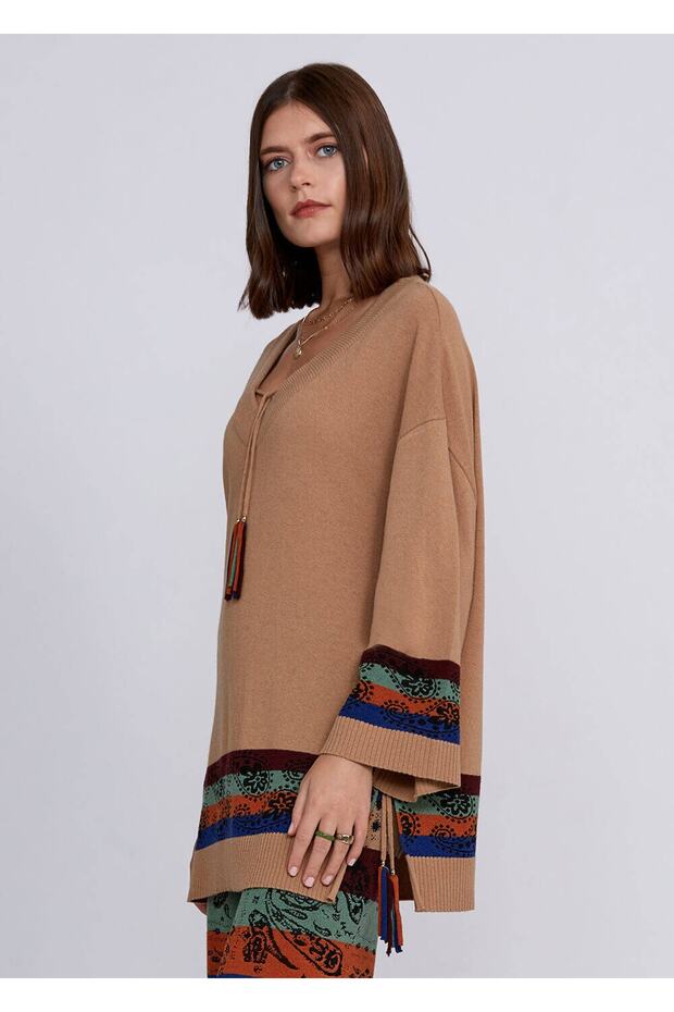 Kaşmir Yün Karışımlı V Yaka Camel Triko Tunik - 4