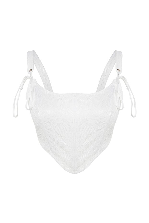 Ekru Crop Astarlı Biyeli Korse Detaylı Örme Dantel Büstiyer TPRSS23BS00032 - 7