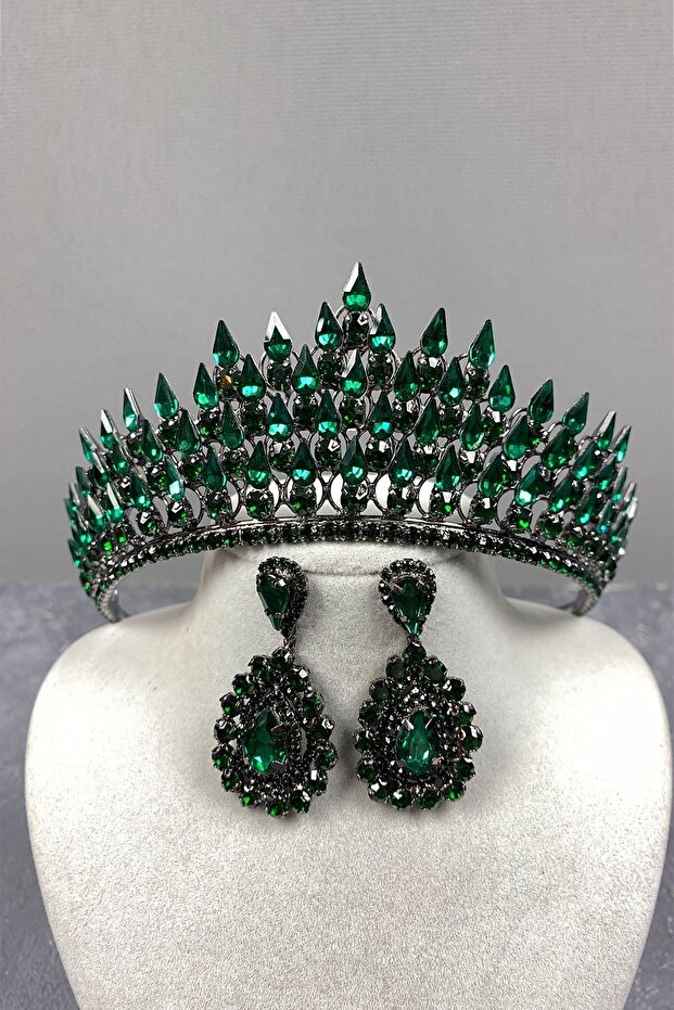 Green Eda Model Three-Dimensional Bridal Henna Crown and Drop Earring Set – Wedding & Henna & Wedding, Stylish Design