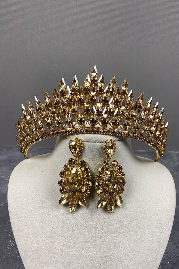 Honey Color Eda Model Three Dimensional Bridal Crown and Evening Dress Earring Set – Wedding & Henna & Wedding, Stylish Design –