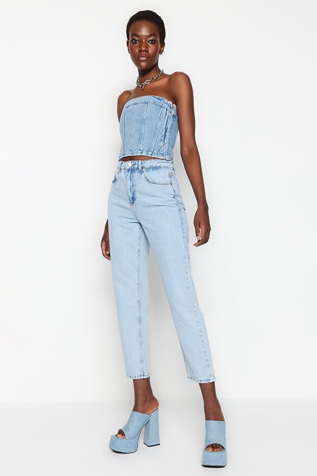 Açık Mavi Yüksek Bel Düz Kesim Straight %100 Pamuk Non-Stretch Jeans TWOSS23JE00089 - 9