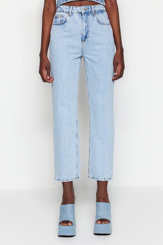Açık Mavi Yüksek Bel Düz Kesim Straight %100 Pamuk Non-Stretch Jeans TWOSS23JE00089 - 13