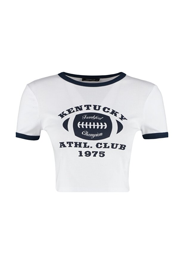 Beyaz %100 Pamuk Slogan Baskılı Fitted/Vücuda Oturan Crop Bisiklet Yaka Örme T-Shirt TWOSS23TS00100 - 6