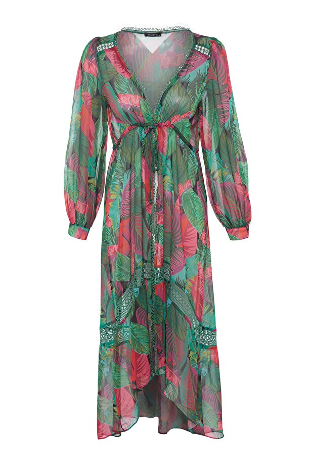 Tropikal Desenli Dokuma Şeritli Maxi Plaj Kimono&Kaftan TBESS23KM00002 - 8