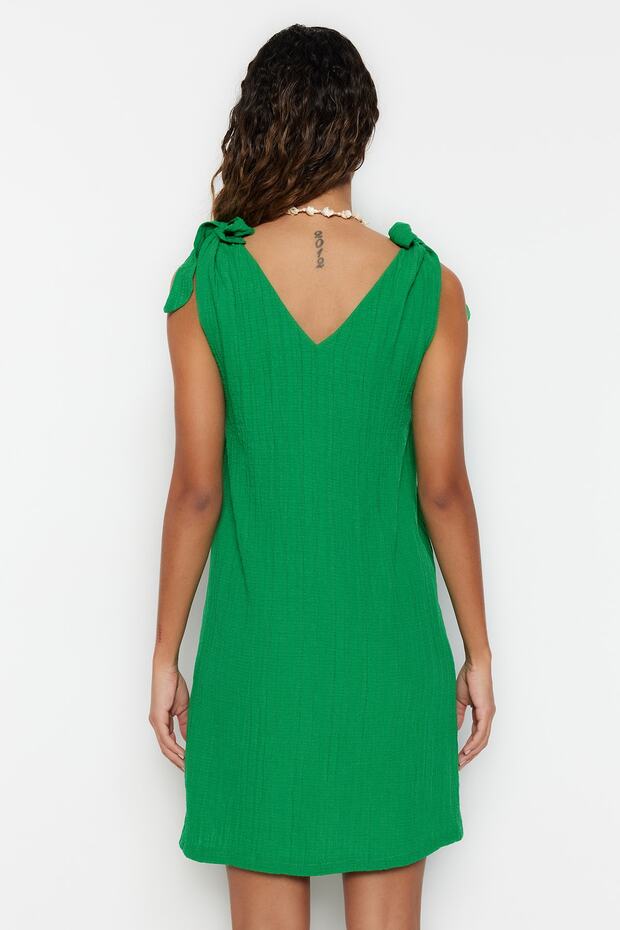 Strandkleidung, grünes, gewebtes Minikleid mit Schnürdetail TBESS23EL00108 - 5