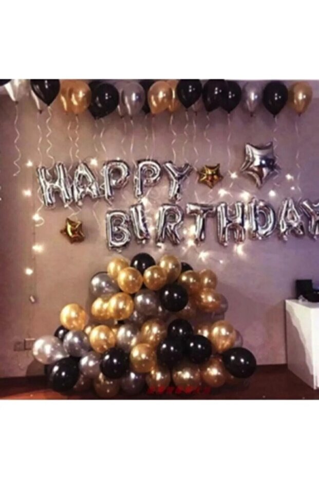 مجموعة بالونات عيد ميلاد سعيد باللون الفضي والذهبي