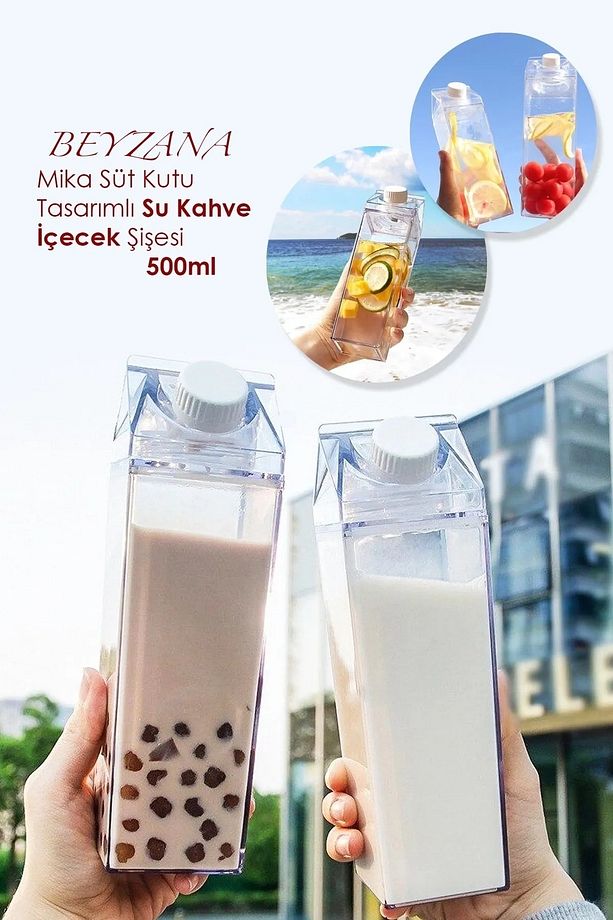 500 Ml Mika Süt Kutu Tasarımlı Su Kahve Içecek Şişesi | Cam Değildir | Kahve Ve Sunum Bardağı 1 Adet - 1