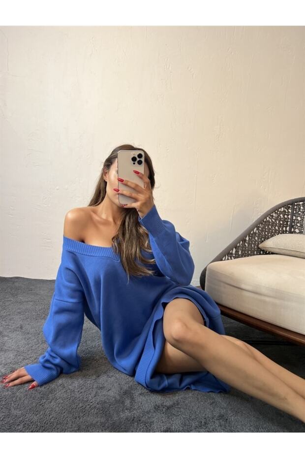 Triko V Yaka Elbise Mavi - 4