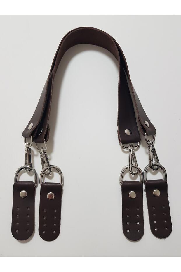Brown Puzzle Model Real Leather Double Bag Handle 2.5 cm X 55 cm Silver Metal
