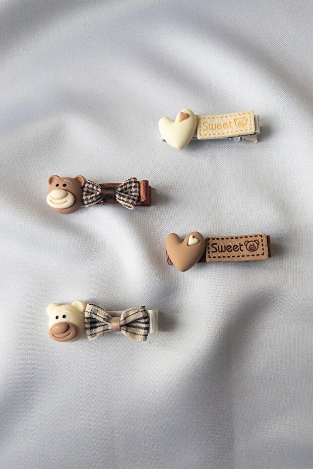 Brown - Ecru Teddy Bear and Heart Figured 4-Piece Buckle Set