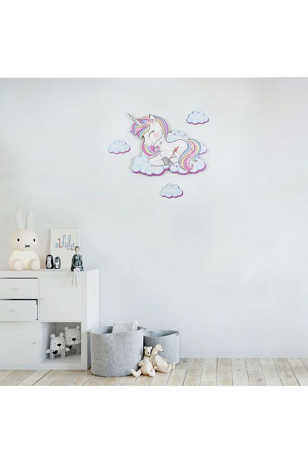 Sevimli Unicorn Çocuk Odası Ahşap Duvar Saati Elf-2312026 - 3