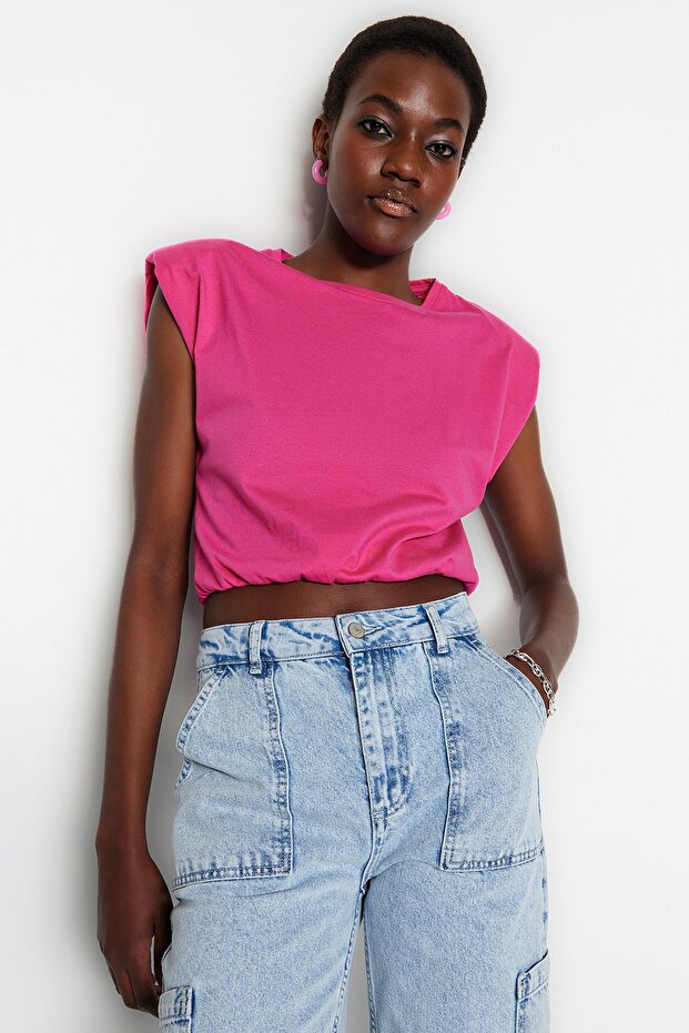 Fuşya %100 Pamuk Vatkalı Crop Bisiklet Yaka Örme T-Shirt TWOSS21TS0379 - 3
