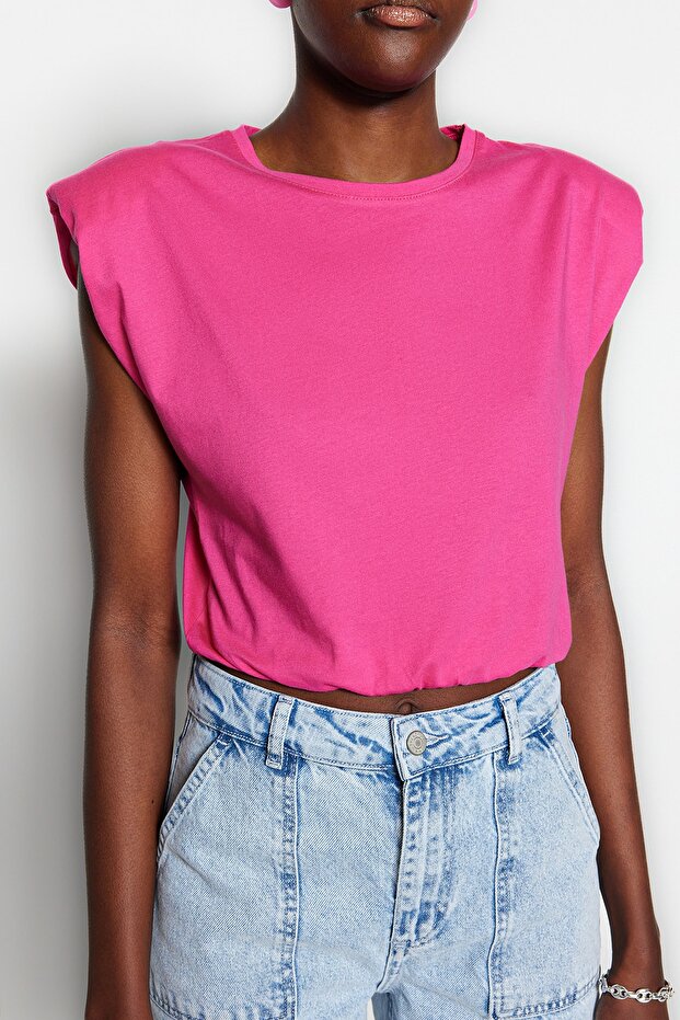 Fuşya %100 Pamuk Vatkalı Crop Bisiklet Yaka Örme T-Shirt TWOSS21TS0379 - 4
