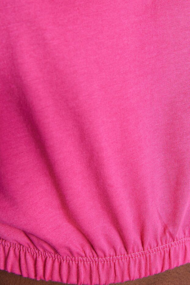 Fuşya %100 Pamuk Vatkalı Crop Bisiklet Yaka Örme T-Shirt TWOSS21TS0379 - 5