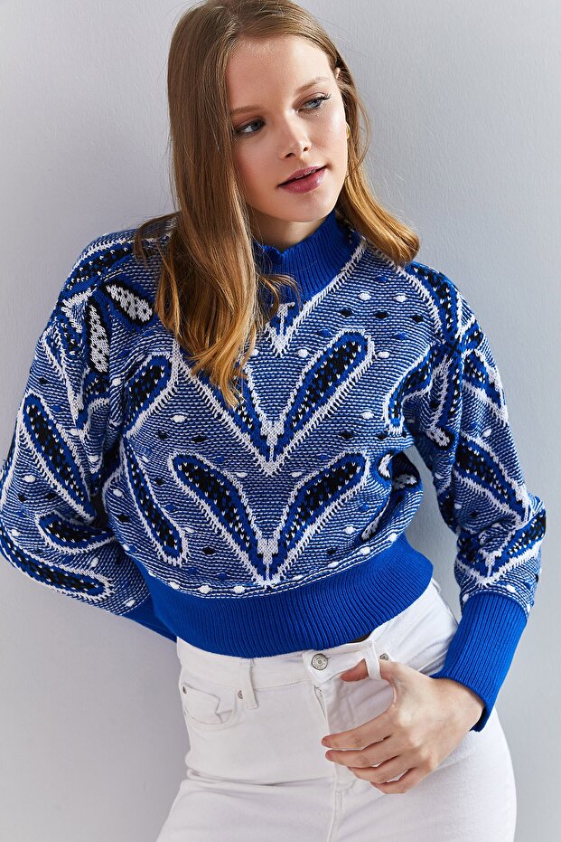Women's Blue Turtleneck Patterned Sweater 20235009