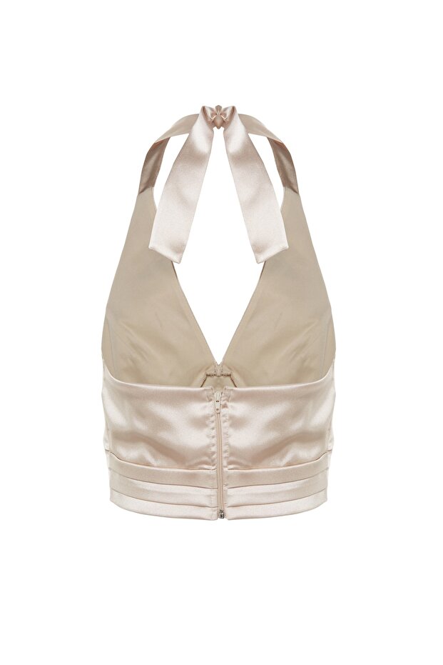 Bej Crop Astarlı Dokuma Saten Büstiyer TPRSS23BS00013 - 8