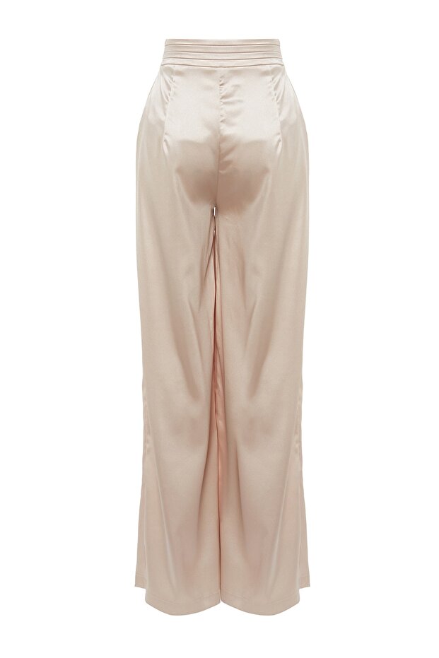Bej Bol Paça Dokuma Saten Pantolon TPRSS23PL00001 - 9