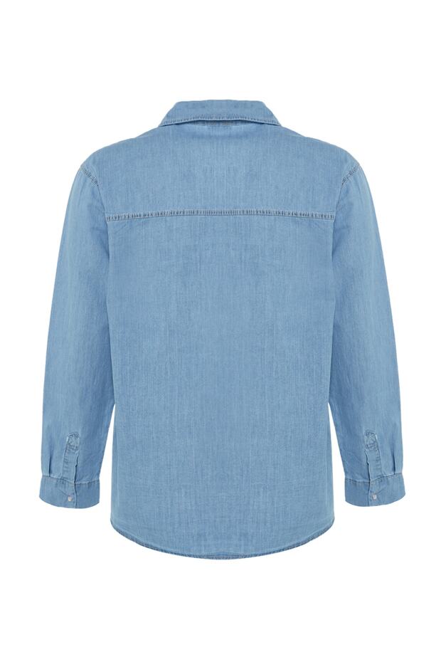 Açık Mavi %100 Non-Stretch Pamuk Büyük Beden Denim Gömlek TBBAW23AX00018 - 7
