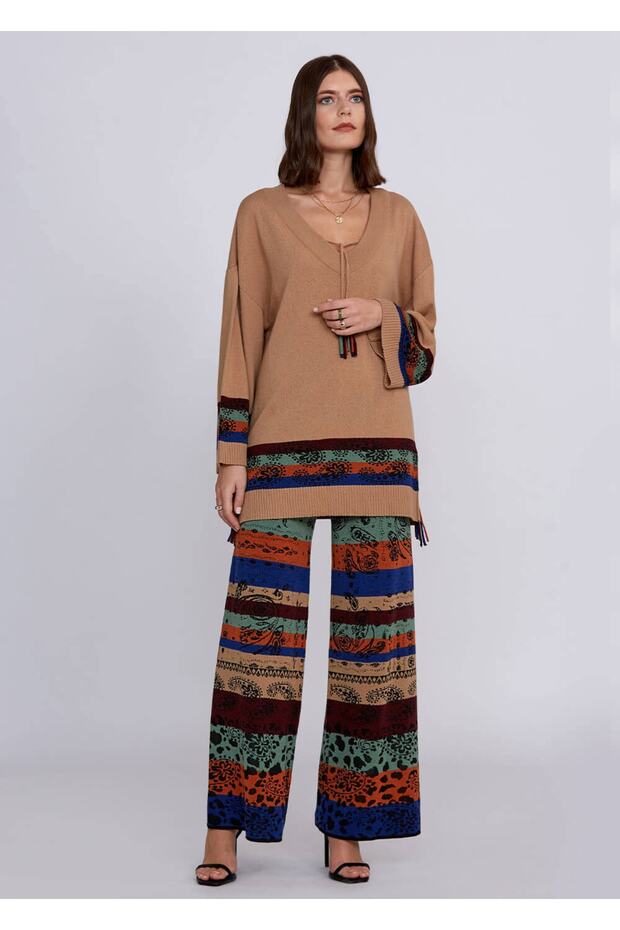 Kaşmir Yün Karışımlı V Yaka Camel Triko Tunik - 5