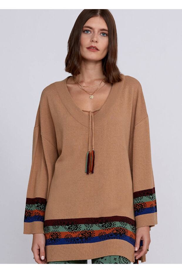 Kaşmir Yün Karışımlı V Yaka Camel Triko Tunik - 7