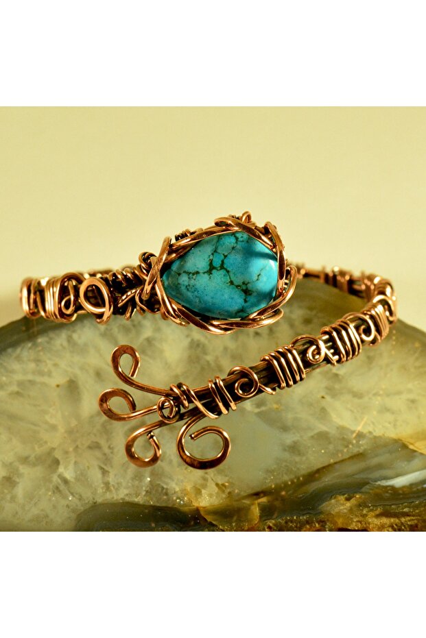 Natural Turquoise Crystal Pure Copper Handmade Authentic Women's Bracelet