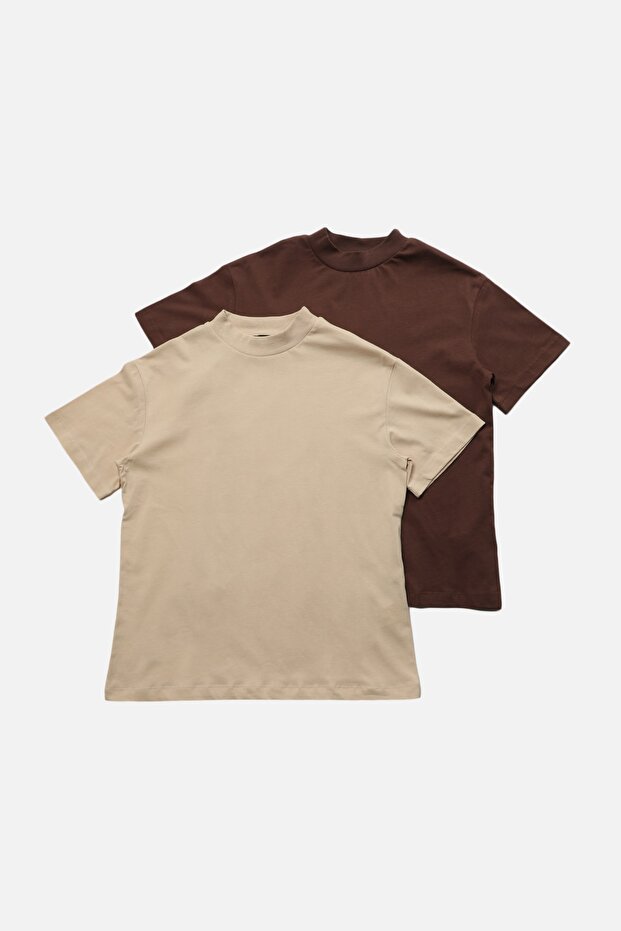 Kahverengi-Bej 2'li Paket %100 Pamuk Basic Dik Yaka Örme T-Shirt TWOSS20TS1500 - 13
