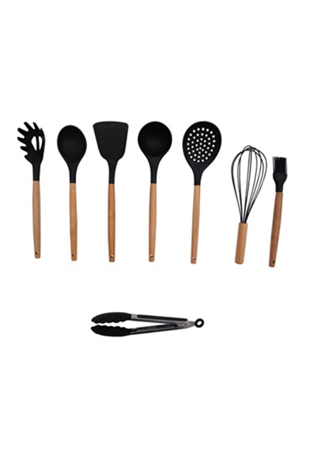 8 Piece Kitchen Set with Bamboo Handle Tongs Black (beater-Tongs)