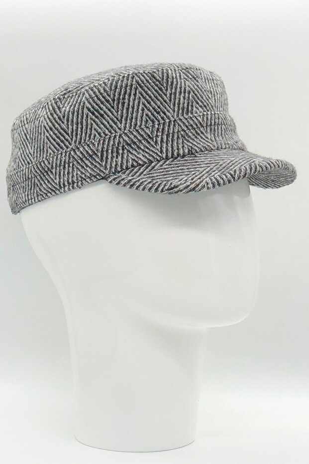 Winter Cashmere Wool Gray Large Herringbone Patterned Castro Cap Hat