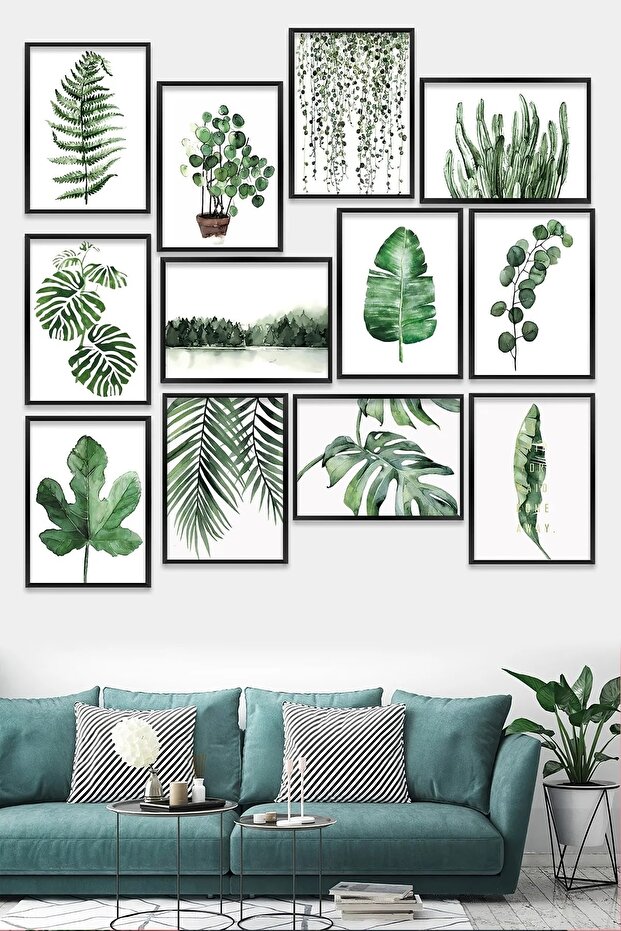 12 Parça Çerçeve Görünümlü Yeşil Yapraklar Duvar Dekoru Salon Oturma Yatak Odası Için Tablo Seti - 1
