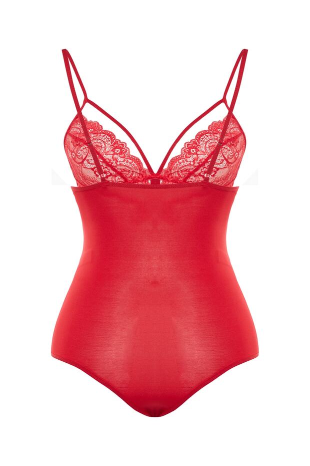 Kırmızı Biyeli Micro Esnek Örme Dantel Detaylı Büyük Beden Bodysuit TBBSS23CS00000 - 8