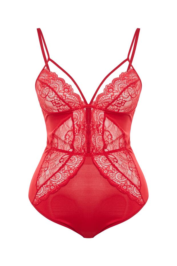 Kırmızı Biyeli Micro Esnek Örme Dantel Detaylı Büyük Beden Bodysuit TBBSS23CS00000 - 6