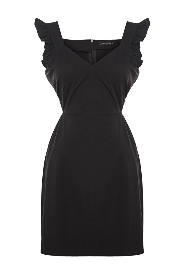 Siyah Cut Out Detaylı Askılı Dokuma Elbise TBBSS23AH00026 - 6