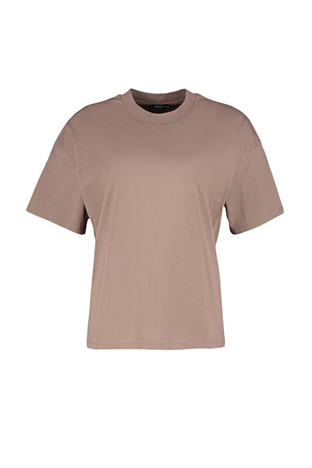Kahverengi Yaka Ribanalı Geniş Kalıp Basic %100 Pamuk Örme T-shirt TBBSS23BF00017 - 9